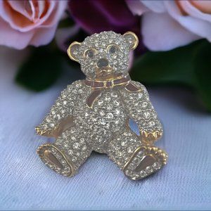 Swarovski Crystal Teddy Bear Brooch Gold/Silver  Color With Red Scarf Enamel Pin
